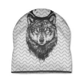 Шапка 3D с принтом Рогатый волк в Петрозаводске, 100% полиэстер | универсальный размер, печать по всей поверхности изделия | animal | beast | deer | moon | rage | roar | wild | wolf | вой | волк | животное | зверь | луна | олень | рога