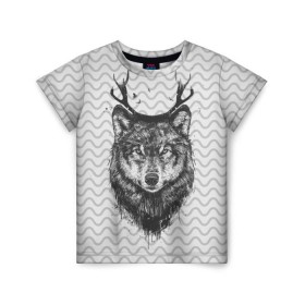 Детская футболка 3D с принтом Рогатый волк в Петрозаводске, 100% гипоаллергенный полиэфир | прямой крой, круглый вырез горловины, длина до линии бедер, чуть спущенное плечо, ткань немного тянется | Тематика изображения на принте: animal | beast | deer | moon | rage | roar | wild | wolf | вой | волк | животное | зверь | луна | олень | рога