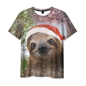 Мужская футболка 3D с принтом Рождественский ленивец в Петрозаводске, 100% полиэфир | прямой крой, круглый вырез горловины, длина до линии бедер | Тематика изображения на принте: джунгли | животное | ленивый | лень | новый год | рождество | снег | снежинки | тропики | улыбка | шапка