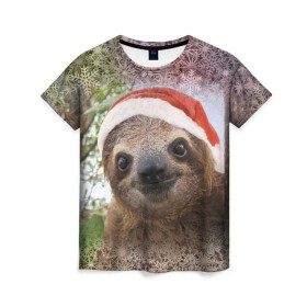 Женская футболка 3D с принтом Рождественский ленивец в Петрозаводске, 100% полиэфир ( синтетическое хлопкоподобное полотно) | прямой крой, круглый вырез горловины, длина до линии бедер | джунгли | животное | ленивый | лень | новый год | рождество | снег | снежинки | тропики | улыбка | шапка