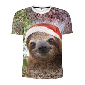 Мужская футболка 3D спортивная с принтом Рождественский ленивец в Петрозаводске, 100% полиэстер с улучшенными характеристиками | приталенный силуэт, круглая горловина, широкие плечи, сужается к линии бедра | джунгли | животное | ленивый | лень | новый год | рождество | снег | снежинки | тропики | улыбка | шапка