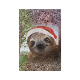 Обложка для паспорта матовая кожа с принтом Рождественский ленивец в Петрозаводске, натуральная матовая кожа | размер 19,3 х 13,7 см; прозрачные пластиковые крепления | джунгли | животное | ленивый | лень | новый год | рождество | снег | снежинки | тропики | улыбка | шапка