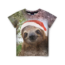 Детская футболка 3D с принтом Рождественский ленивец в Петрозаводске, 100% гипоаллергенный полиэфир | прямой крой, круглый вырез горловины, длина до линии бедер, чуть спущенное плечо, ткань немного тянется | джунгли | животное | ленивый | лень | новый год | рождество | снег | снежинки | тропики | улыбка | шапка