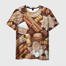 Мужская футболка 3D с принтом Cinnamon в Петрозаводске, 100% полиэфир | прямой крой, круглый вырез горловины, длина до линии бедер | выпечка | новый год | пряники | пряности | рождество