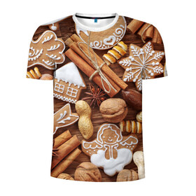 Мужская футболка 3D спортивная с принтом Cinnamon в Петрозаводске, 100% полиэстер с улучшенными характеристиками | приталенный силуэт, круглая горловина, широкие плечи, сужается к линии бедра | выпечка | новый год | пряники | пряности | рождество