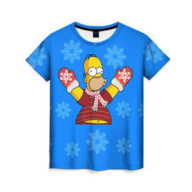 Женская футболка 3D с принтом Симпсоны новогодние 2 в Петрозаводске, 100% полиэфир ( синтетическое хлопкоподобное полотно) | прямой крой, круглый вырез горловины, длина до линии бедер | simpsons | барт | барт симпсон | гомер | гомер симпсон | новый год | симпсоны | снег | снежинки