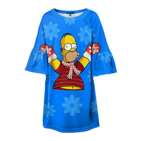 Детское платье 3D с принтом Симпсоны новогодние 2 в Петрозаводске, 100% полиэстер | прямой силуэт, чуть расширенный к низу. Круглая горловина, на рукавах — воланы | simpsons | барт | барт симпсон | гомер | гомер симпсон | новый год | симпсоны | снег | снежинки