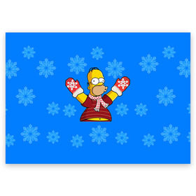 Поздравительная открытка с принтом Симпсоны новогодние 2 в Петрозаводске, 100% бумага | плотность бумаги 280 г/м2, матовая, на обратной стороне линовка и место для марки
 | simpsons | барт | барт симпсон | гомер | гомер симпсон | новый год | симпсоны | снег | снежинки