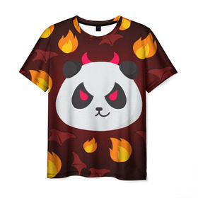 Мужская футболка 3D с принтом Панда дьяволенок в Петрозаводске, 100% полиэфир | прямой крой, круглый вырез горловины, длина до линии бедер | Тематика изображения на принте: дьяволенок | красный | крылья | огонь | панда | рога