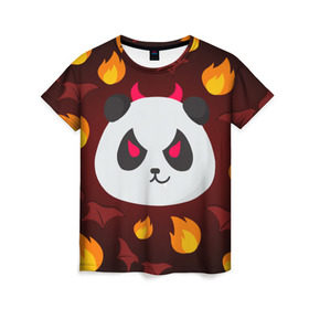 Женская футболка 3D с принтом Панда дьяволенок в Петрозаводске, 100% полиэфир ( синтетическое хлопкоподобное полотно) | прямой крой, круглый вырез горловины, длина до линии бедер | Тематика изображения на принте: дьяволенок | красный | крылья | огонь | панда | рога