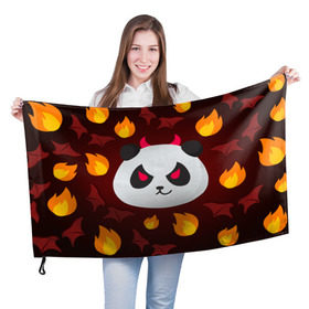 Флаг 3D с принтом Панда дьяволенок в Петрозаводске, 100% полиэстер | плотность ткани — 95 г/м2, размер — 67 х 109 см. Принт наносится с одной стороны | Тематика изображения на принте: дьяволенок | красный | крылья | огонь | панда | рога