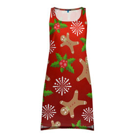 Платье-майка 3D с принтом Новогодний узор в Петрозаводске, 100% полиэстер | полуприлегающий силуэт, широкие бретели, круглый вырез горловины, удлиненный подол сзади. | новогодний узор | новый год | омела | пряничный человечек | снежинка | узор