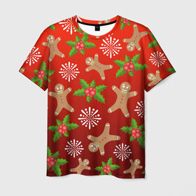 Мужская футболка 3D с принтом Новогодний узор в Петрозаводске, 100% полиэфир | прямой крой, круглый вырез горловины, длина до линии бедер | новогодний узор | новый год | омела | пряничный человечек | снежинка | узор