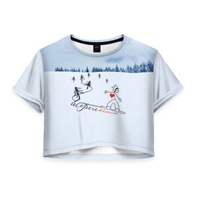 Женская футболка 3D укороченная с принтом Шерегеш в Петрозаводске, 100% полиэстер | круглая горловина, длина футболки до линии талии, рукава с отворотами | gesh | геш | лыжи | лыжник | сноуборд | шерегеш | шершавель