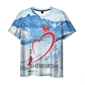 Мужская футболка 3D с принтом Love Sheregesh в Петрозаводске, 100% полиэфир | прямой крой, круглый вырез горловины, длина до линии бедер | gesh | геш | лыжи | лыжник | сноуборд | шерегеш | шершавель