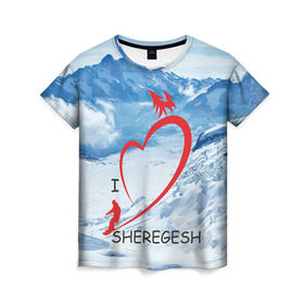 Женская футболка 3D с принтом Love Sheregesh в Петрозаводске, 100% полиэфир ( синтетическое хлопкоподобное полотно) | прямой крой, круглый вырез горловины, длина до линии бедер | gesh | геш | лыжи | лыжник | сноуборд | шерегеш | шершавель