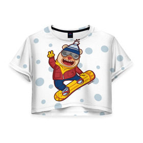 Женская футболка 3D укороченная с принтом Мишка сноубордист в Петрозаводске, 100% полиэстер | круглая горловина, длина футболки до линии талии, рукава с отворотами | extreme | snowboard | медведь | мишка | сноуборд | экстрим
