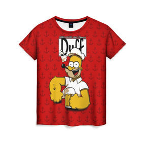 Женская футболка 3D с принтом Duff Beer в Петрозаводске, 100% полиэфир ( синтетическое хлопкоподобное полотно) | прямой крой, круглый вырез горловины, длина до линии бедер | bart | donut | griffin | homer | popeye | simpson | барт | гомер | гриффин | капитан | моряк | симпсон | стьюи | якорь