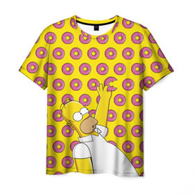 Мужская футболка 3D с принтом Пончики Гомера Симпсона в Петрозаводске, 100% полиэфир | прямой крой, круглый вырез горловины, длина до линии бедер | Тематика изображения на принте: donut | homer | simpson | гомер | еда | плюшка | пончик | симпсон
