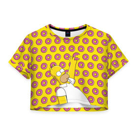 Женская футболка 3D укороченная с принтом Пончики Гомера Симпсона в Петрозаводске, 100% полиэстер | круглая горловина, длина футболки до линии талии, рукава с отворотами | donut | homer | simpson | гомер | еда | плюшка | пончик | симпсон