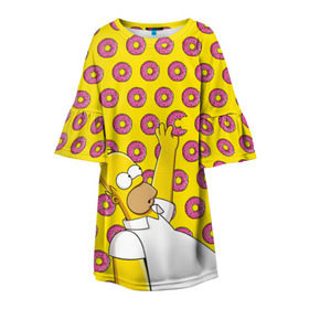 Детское платье 3D с принтом Пончики Гомера Симпсона в Петрозаводске, 100% полиэстер | прямой силуэт, чуть расширенный к низу. Круглая горловина, на рукавах — воланы | donut | homer | simpson | гомер | еда | плюшка | пончик | симпсон
