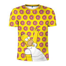Мужская футболка 3D спортивная с принтом Пончики Гомера Симпсона в Петрозаводске, 100% полиэстер с улучшенными характеристиками | приталенный силуэт, круглая горловина, широкие плечи, сужается к линии бедра | Тематика изображения на принте: donut | homer | simpson | гомер | еда | плюшка | пончик | симпсон