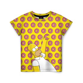 Детская футболка 3D с принтом Пончики Гомера Симпсона в Петрозаводске, 100% гипоаллергенный полиэфир | прямой крой, круглый вырез горловины, длина до линии бедер, чуть спущенное плечо, ткань немного тянется | donut | homer | simpson | гомер | еда | плюшка | пончик | симпсон