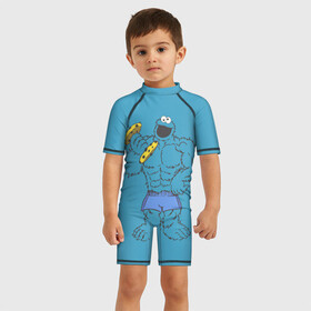 Детский купальный костюм 3D с принтом Коржик качок в Петрозаводске, Полиэстер 85%, Спандекс 15% | застежка на молнии на спине | cookie | качалка | улица сезам