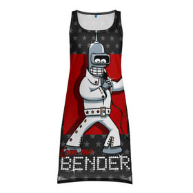 Платье-майка 3D с принтом Bender Presley в Петрозаводске, 100% полиэстер | полуприлегающий силуэт, широкие бретели, круглый вырез горловины, удлиненный подол сзади. | bender | elvis presley | fry | futurama | hermes | rock n roll | zoidberg | бендер | гермес | зойдберг | робот | рок н ролл | туранга | фрай | футурама | элвис пресли