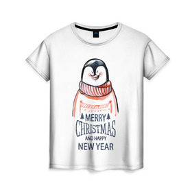 Женская футболка 3D с принтом Happy New Year в Петрозаводске, 100% полиэфир ( синтетическое хлопкоподобное полотно) | прямой крой, круглый вырез горловины, длина до линии бедер | 2017 | happy new year | holiday | marry christmas | winter | зима | новый год | пингвин | рождество