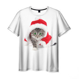 Мужская футболка 3D с принтом Новогодняя Киса в Петрозаводске, 100% полиэфир | прямой крой, круглый вырез горловины, длина до линии бедер | cat | christmas | new year | winter | дед мороз | зима | кисы | кошки | новый год | рождество