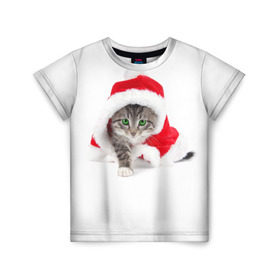 Детская футболка 3D с принтом Новогодняя Киса в Петрозаводске, 100% гипоаллергенный полиэфир | прямой крой, круглый вырез горловины, длина до линии бедер, чуть спущенное плечо, ткань немного тянется | cat | christmas | new year | winter | дед мороз | зима | кисы | кошки | новый год | рождество