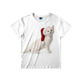 Детская футболка 3D с принтом Киса в Шапочке в Петрозаводске, 100% гипоаллергенный полиэфир | прямой крой, круглый вырез горловины, длина до линии бедер, чуть спущенное плечо, ткань немного тянется | cat | christmas | new year | winter | дед мороз | зима | кисы | кошки | новый год | рождество