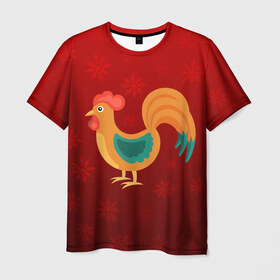 Мужская футболка 3D с принтом Год петуха в Петрозаводске, 100% полиэфир | прямой крой, круглый вырез горловины, длина до линии бедер | год петуха | красный | новый год | огненный петух | петух | снежинки