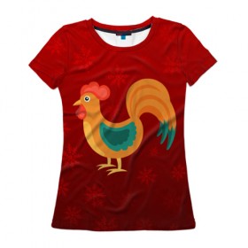 Женская футболка 3D с принтом Год петуха в Петрозаводске, 100% полиэфир ( синтетическое хлопкоподобное полотно) | прямой крой, круглый вырез горловины, длина до линии бедер | год петуха | красный | новый год | огненный петух | петух | снежинки