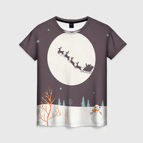 Женская футболка 3D с принтом Олени Санты в Петрозаводске, 100% полиэфир ( синтетическое хлопкоподобное полотно) | прямой крой, круглый вырез горловины, длина до линии бедер | christmas | new year | winter | дед мороз | зима | новый год | рождество