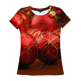 Женская футболка 3D с принтом Красные украшения в Петрозаводске, 100% полиэфир ( синтетическое хлопкоподобное полотно) | прямой крой, круглый вырез горловины, длина до линии бедер | елка | игрушки | красный | новый год | праздник | украшения