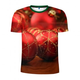 Мужская футболка 3D спортивная с принтом Красные украшения в Петрозаводске, 100% полиэстер с улучшенными характеристиками | приталенный силуэт, круглая горловина, широкие плечи, сужается к линии бедра | елка | игрушки | красный | новый год | праздник | украшения