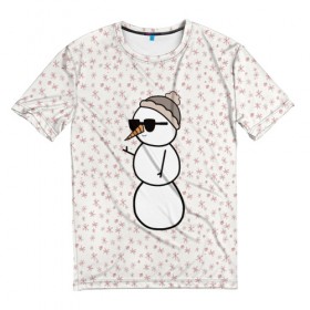 Мужская футболка 3D с принтом Крутой снеговик 2 в Петрозаводске, 100% полиэфир | прямой крой, круглый вырез горловины, длина до линии бедер | зима | новогодний | очки | паттерн | рождество | снежинки