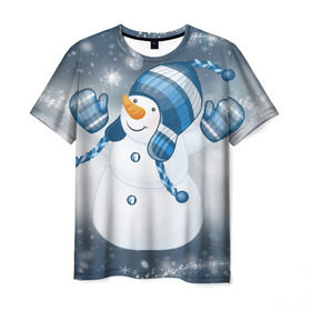 Мужская футболка 3D с принтом С Новым годом! в Петрозаводске, 100% полиэфир | прямой крой, круглый вырез горловины, длина до линии бедер | рождество | снеговик | снежинки
