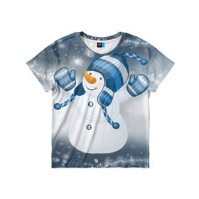 Детская футболка 3D с принтом С Новым годом! в Петрозаводске, 100% гипоаллергенный полиэфир | прямой крой, круглый вырез горловины, длина до линии бедер, чуть спущенное плечо, ткань немного тянется | Тематика изображения на принте: рождество | снеговик | снежинки