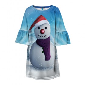 Детское платье 3D с принтом Снеговик в Петрозаводске, 100% полиэстер | прямой силуэт, чуть расширенный к низу. Круглая горловина, на рукавах — воланы | Тематика изображения на принте: happy new year | блеск | ёлка | зима | игрушки. праздник | конфетти | новый год | подарки | снег