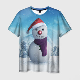 Мужская футболка 3D с принтом Снеговик в Петрозаводске, 100% полиэфир | прямой крой, круглый вырез горловины, длина до линии бедер | happy new year | блеск | ёлка | зима | игрушки. праздник | конфетти | новый год | подарки | снег
