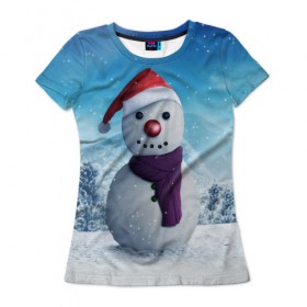 Женская футболка 3D с принтом Снеговик в Петрозаводске, 100% полиэфир ( синтетическое хлопкоподобное полотно) | прямой крой, круглый вырез горловины, длина до линии бедер | happy new year | блеск | ёлка | зима | игрушки. праздник | конфетти | новый год | подарки | снег