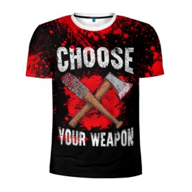 Мужская футболка 3D спортивная с принтом Choose Your Weapon в Петрозаводске, 100% полиэстер с улучшенными характеристиками | приталенный силуэт, круглая горловина, широкие плечи, сужается к линии бедра | carl | rick | walking dead | zombie | бита | граймс | зомби | карл | рик | топор | ходячие мертвецы