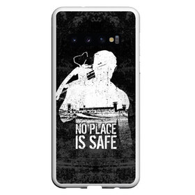 Чехол для Samsung Galaxy S10 с принтом No Place is Safe в Петрозаводске, Силикон | Область печати: задняя сторона чехла, без боковых панелей | bone | carl | rick | skelet | skull | walking dead | zombie | граймс | зомби | карл | кости | рик | скелет | ходячие мертвецы | череп