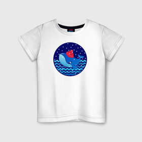 Детская футболка хлопок с принтом Синий кит зимой в Петрозаводске, 100% хлопок | круглый вырез горловины, полуприлегающий силуэт, длина до линии бедер | большой синий кит | волны | зима | новый год | океан | синий кит в шапке | снег