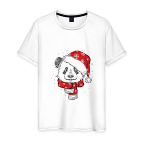 Мужская футболка хлопок с принтом Панда-санта в Петрозаводске, 100% хлопок | прямой крой, круглый вырез горловины, длина до линии бедер, слегка спущенное плечо. | christmas | new year | winter | зима | новый год | рождество