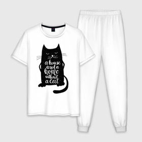 Мужская пижама хлопок с принтом Черный кот в Петрозаводске, 100% хлопок | брюки и футболка прямого кроя, без карманов, на брюках мягкая резинка на поясе и по низу штанин
 | кот | котенок | кошка | мяу