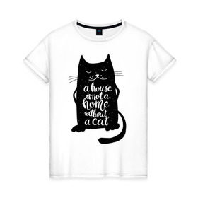 Женская футболка хлопок с принтом Черный кот в Петрозаводске, 100% хлопок | прямой крой, круглый вырез горловины, длина до линии бедер, слегка спущенное плечо | кот | котенок | кошка | мяу